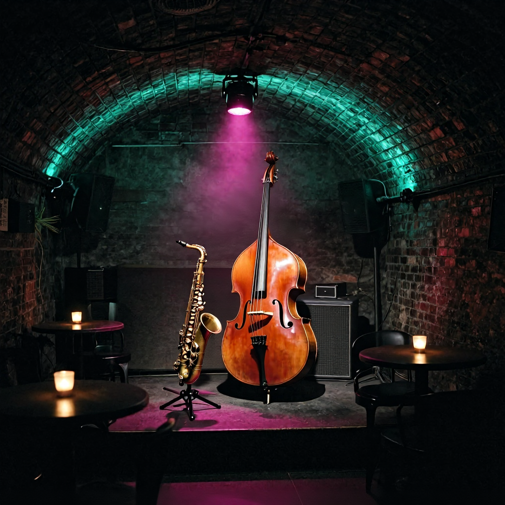 The empty cellar before doors: vaulted brick, candle-lit tables, an upright bass and saxophone waiting under a magenta spot